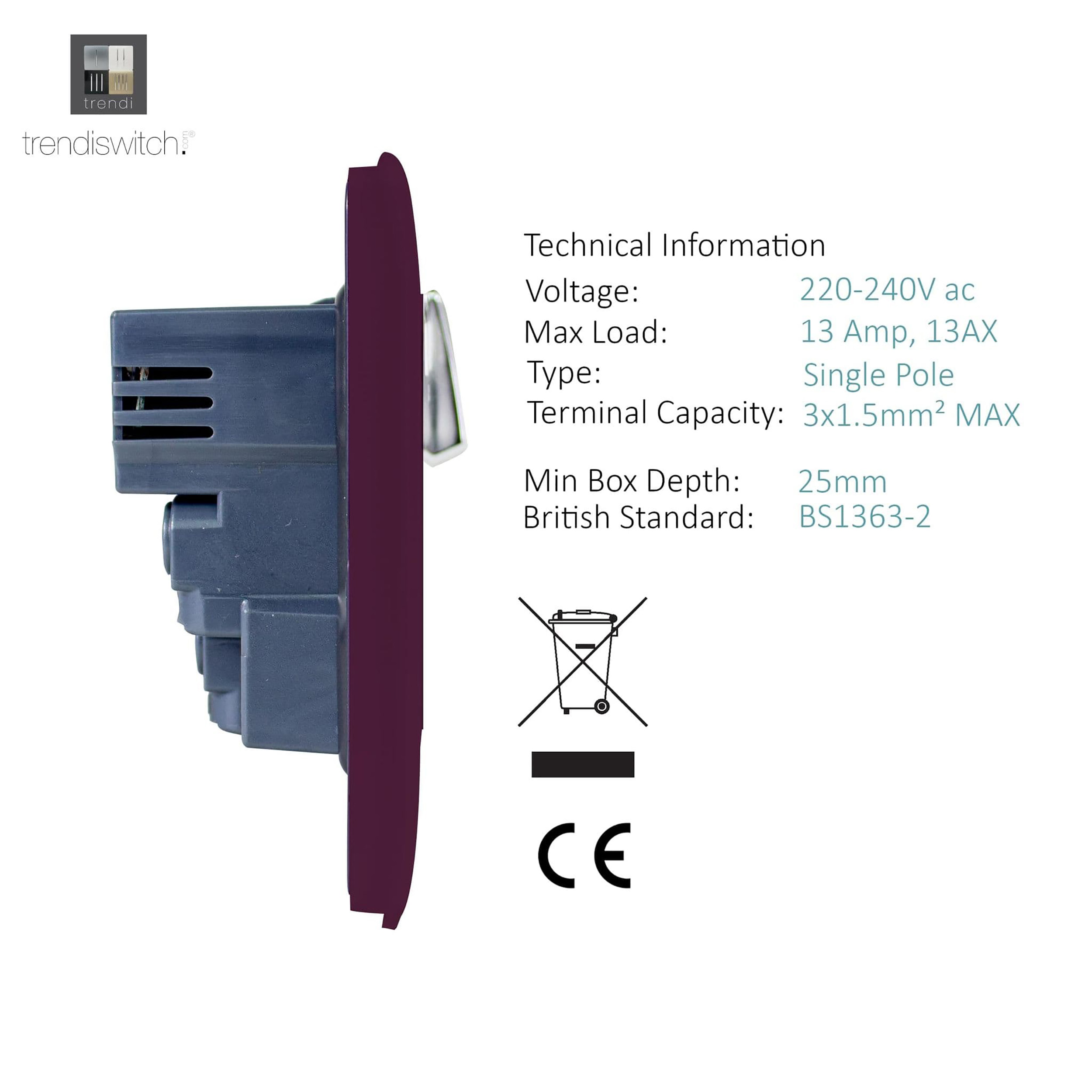 1 Gang Switched Single Socket 13A With 2 x USB-A 10W (Shared) With Neon Insert Plum ART-SKT13USBPL  Trendi Plum